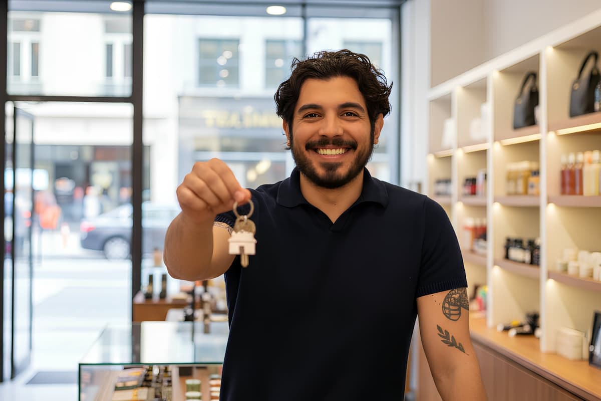 A solo operator standing behind the counter of his own shop, holding up a set of keys.